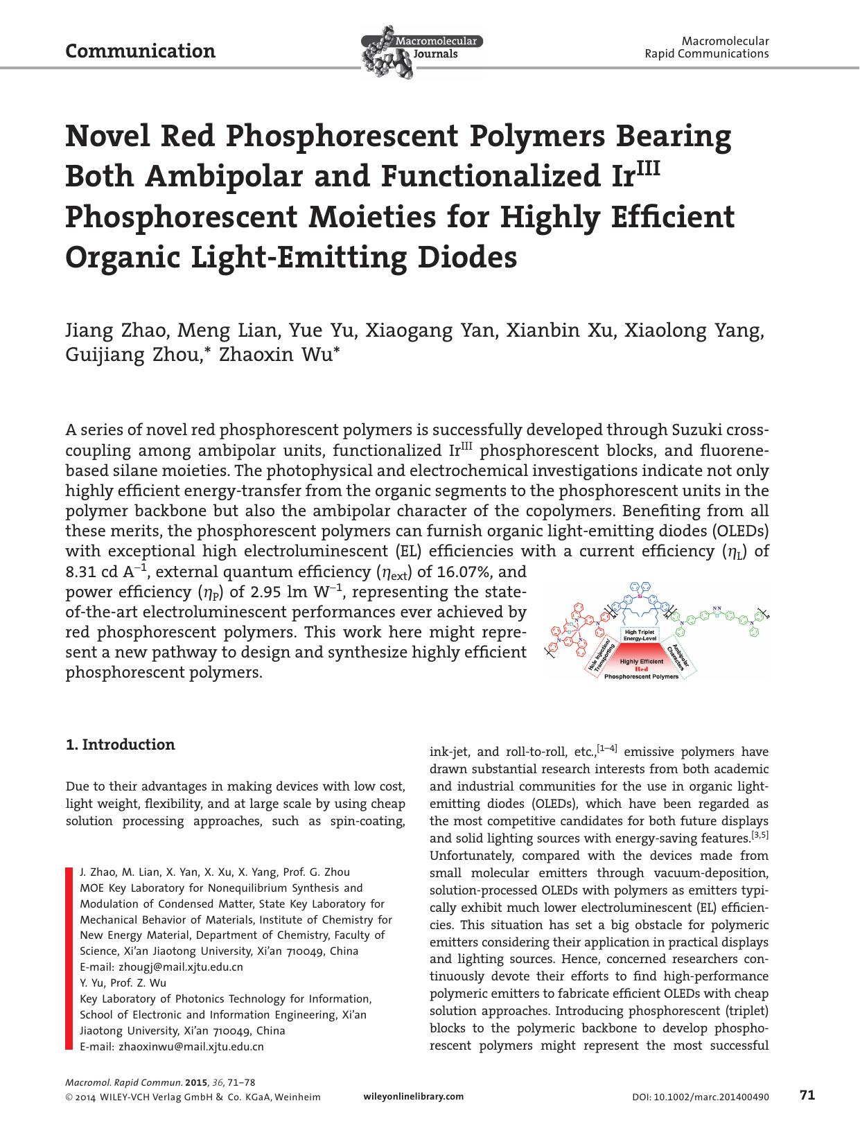 Novel Red Phosphorescent Polymers Bearing Both Ambipolar and Functionalized Ir<sup>III<sup> Phosphorescent Moieties for Highly Efficient Organic Light&#x02010;Emitting Diodes by Unknown