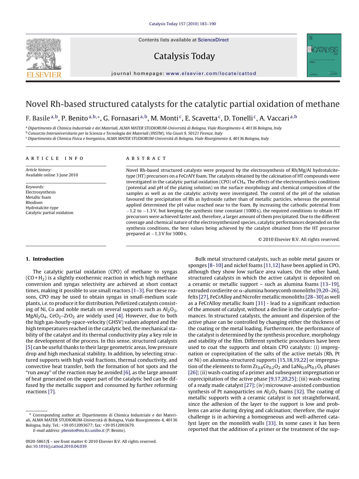 Novel Rh-based structured catalysts for the catalytic partial oxidation of methane by F. Basile
