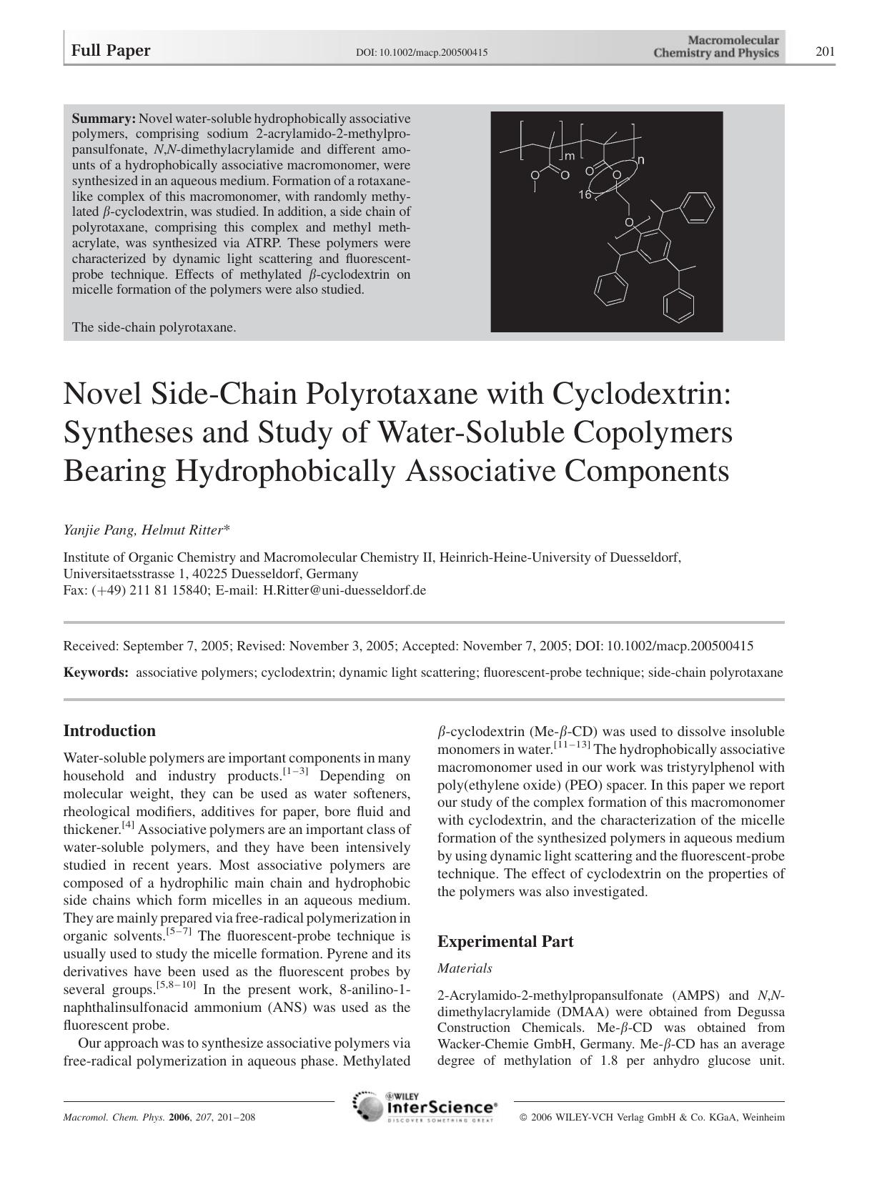 Novel Side-Chain Polyrotaxane with Cyclodextrin: Syntheses and Study of Water-Soluble Copolymers Bearing Hydrophobically Associative Components by unknow