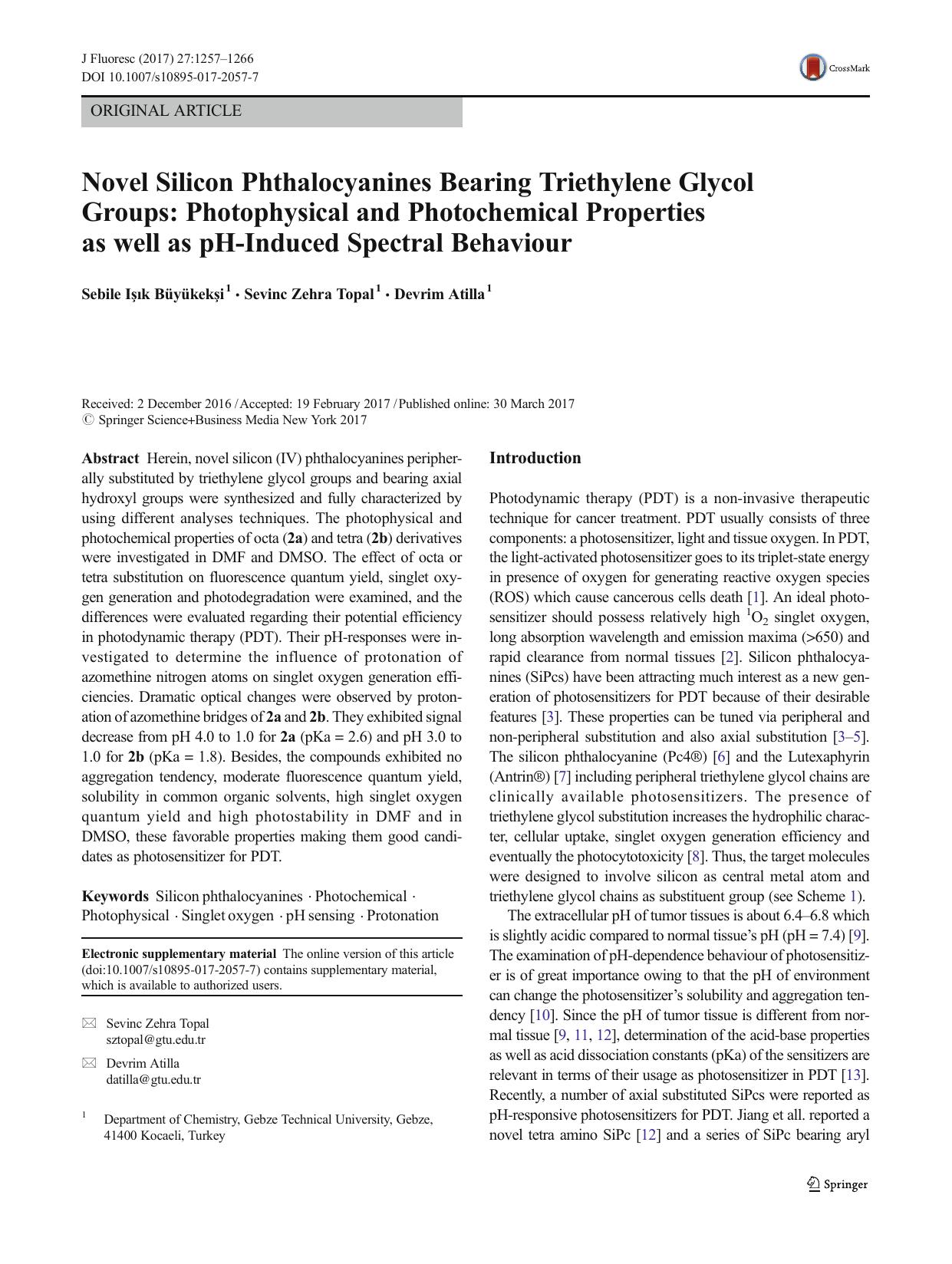 Novel Silicon Phthalocyanines Bearing Triethylene Glycol Groups: Photophysical and Photochemical Properties as well as pH-Induced Spectral Behaviour by Sebile Işık Büyükekşi & Sevinc Zehra Topal & Devrim Atilla