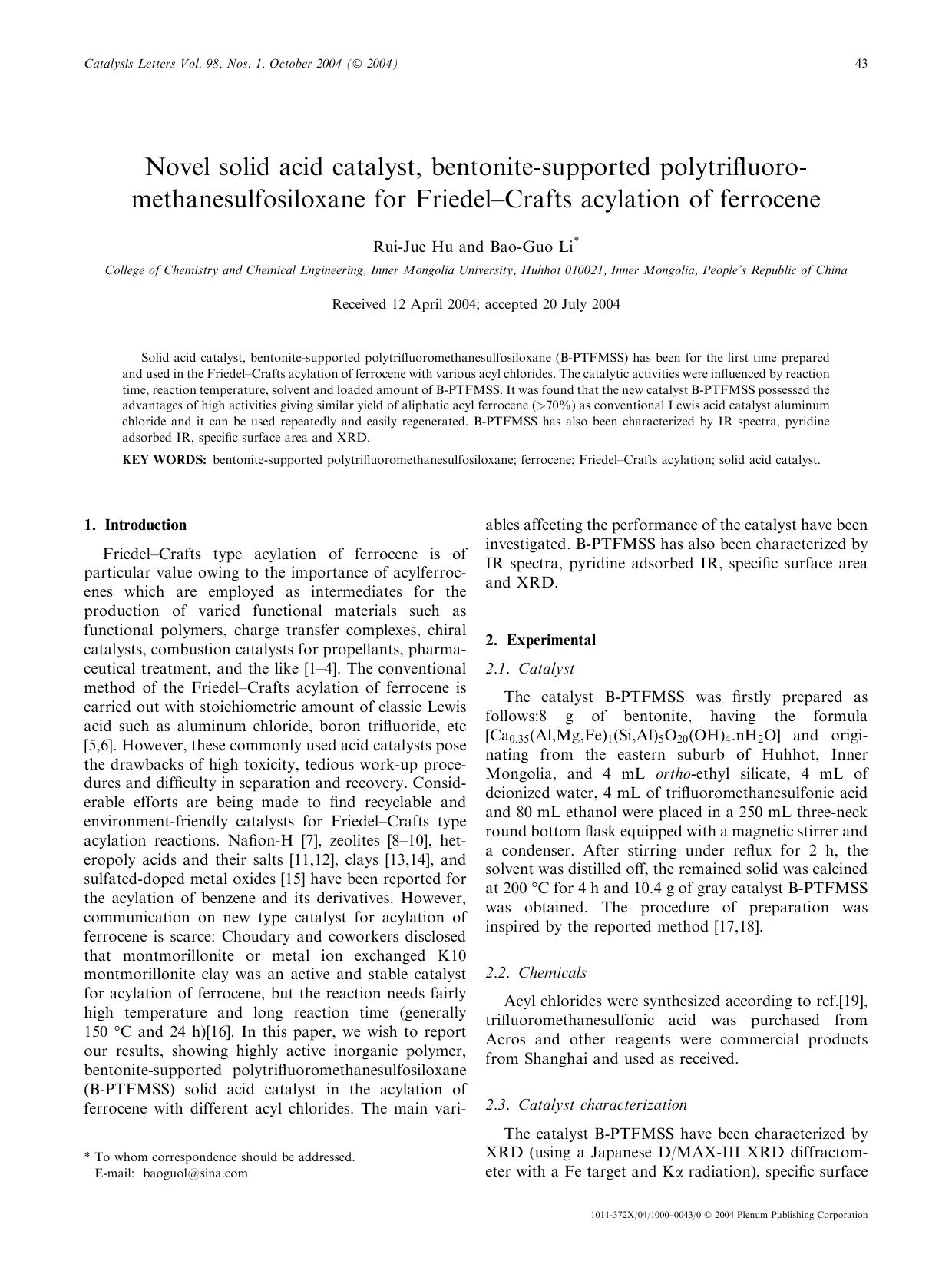 Novel Solid Acid Catalyst, Bentonite-Supported Polytrifluoromethanesulfosiloxane for Friedel–Crafts Acylation of Ferrocene by Unknown