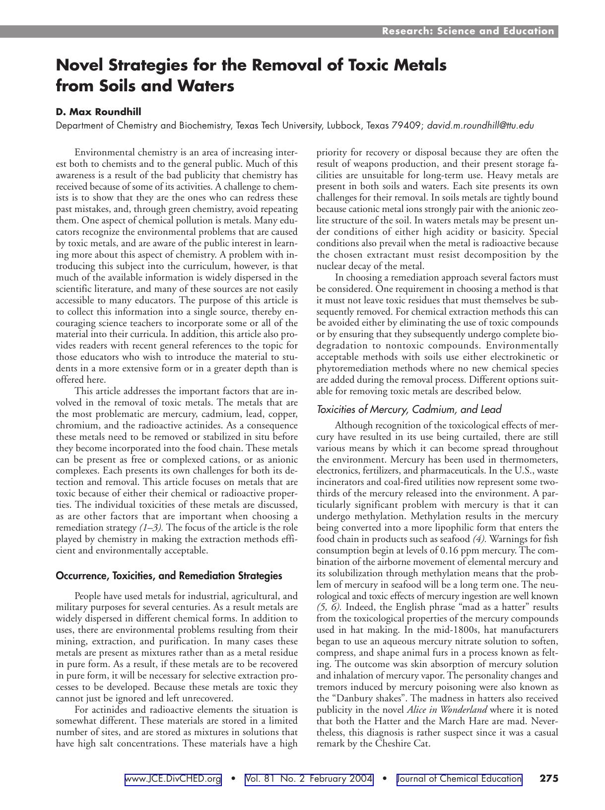Novel Strategies for the Removal of Toxic Metals from Soils and Waters by D. Max Roundhill