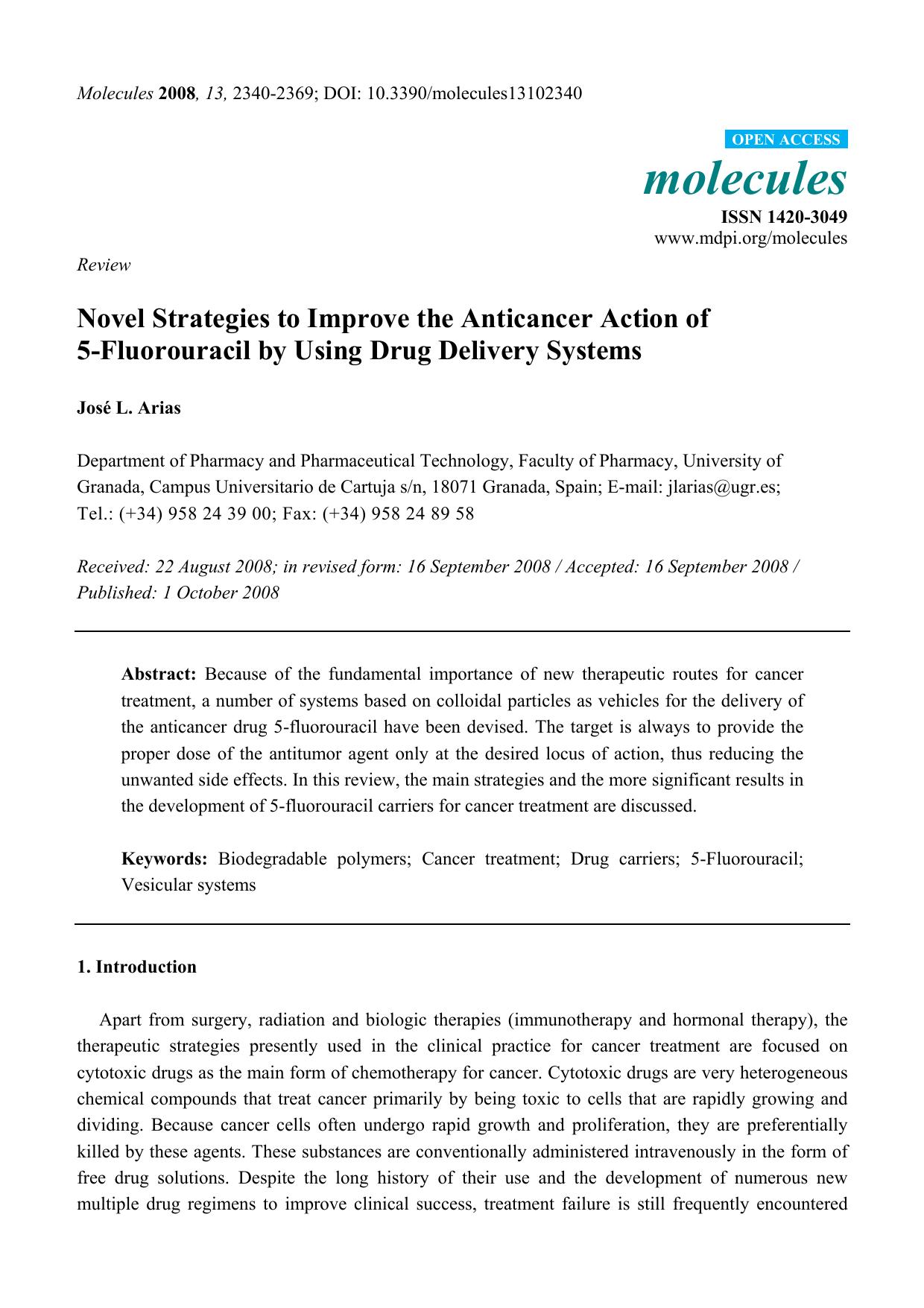 Novel Strategies to Improve the Anticancer Action of 5-Fluorouracil by Using Drug Delivery Systems by José L. Arias