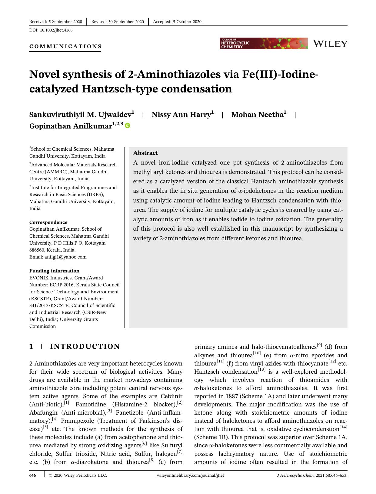 Novel Synthesis of 2-Aminothiazoles via Fe(III)-Iodine Catalyzed Hantzsch Type Condensation by Unknown