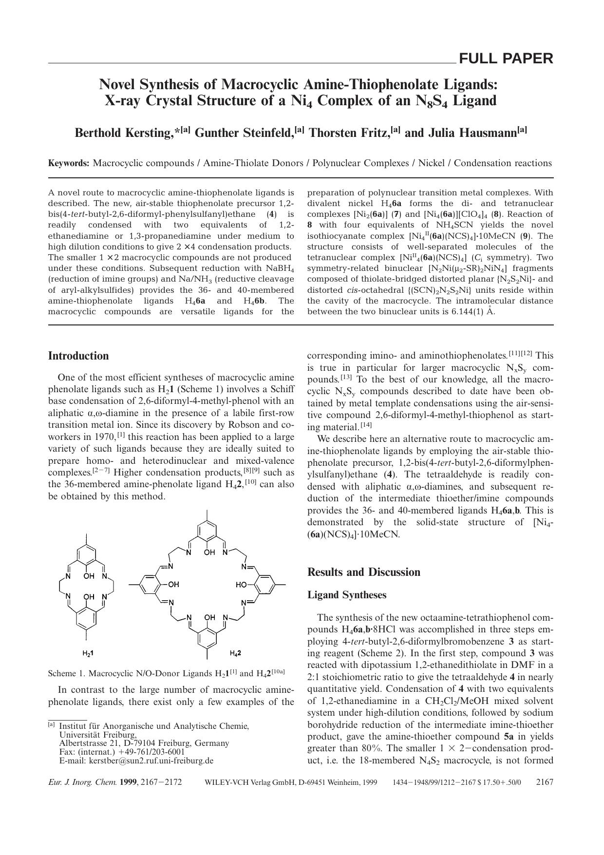 Novel Synthesis of Macrocyclic Amine-Thiophenolate Ligands: X-ray Crystal Structure of a Ni4 Complex of an N8S4 Ligand by Unknown