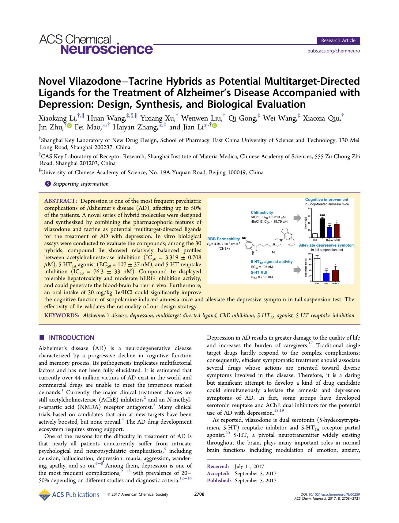 Novel VilazodoneâTacrine Hybrids as Potential Multitarget-Directed Ligands for the Treatment of Alzheimerâs Disease Accompanied with Depression: Design, Synthesis, and Biological Evaluation by unknow