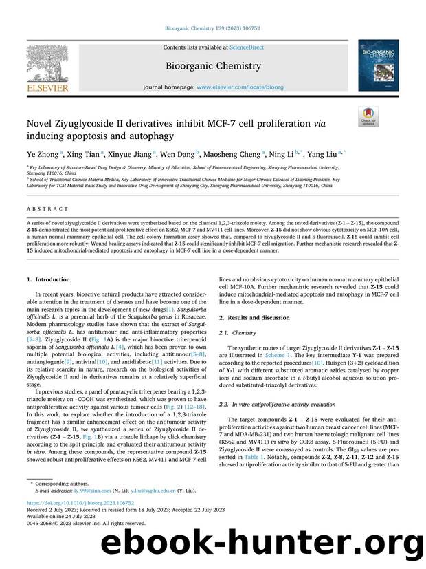 Novel Ziyuglycoside II derivatives inhibit MCF-7 cell proliferation via inducing apoptosis and autophagy by Ye Zhong & Xing Tian & Xinyue Jiang & Wen Dang & Maosheng Cheng & Ning Li & Yang Liu