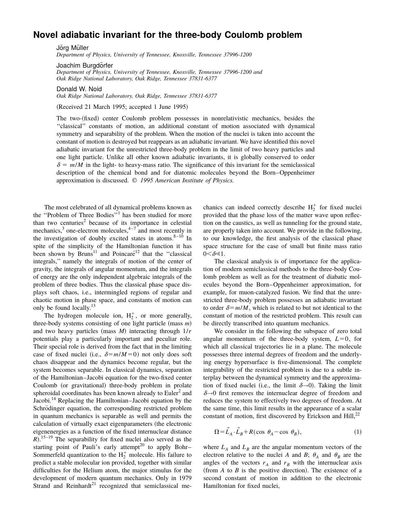 Novel adiabatic invariant for the three-body Coulomb problem by Jorg Muller & Joachim Burgdorfer & Donald W. Noid