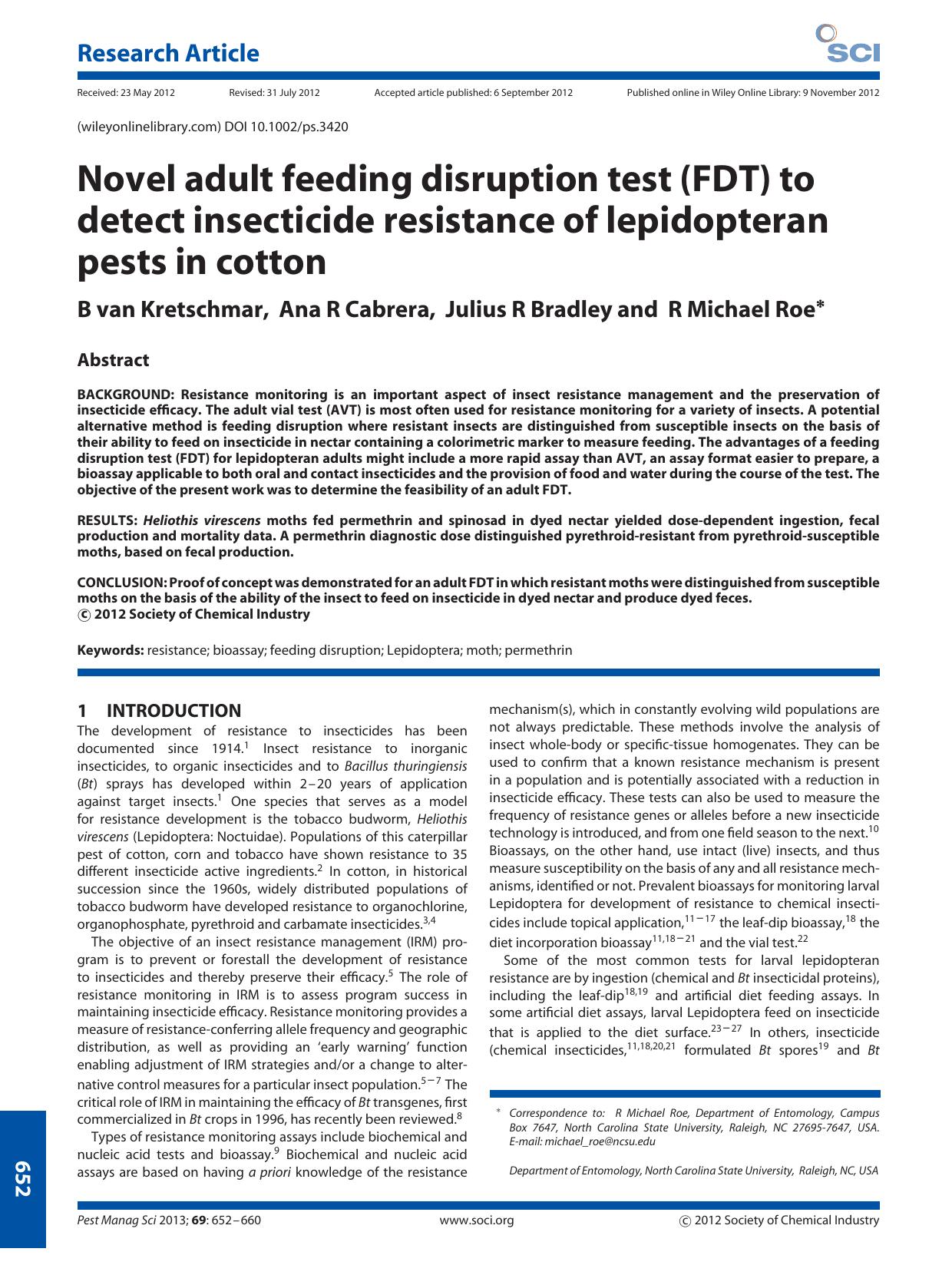 Novel adult feeding disruption test (FDT) to detect insecticide resistance of lepidopteran pests in cotton by Unknown