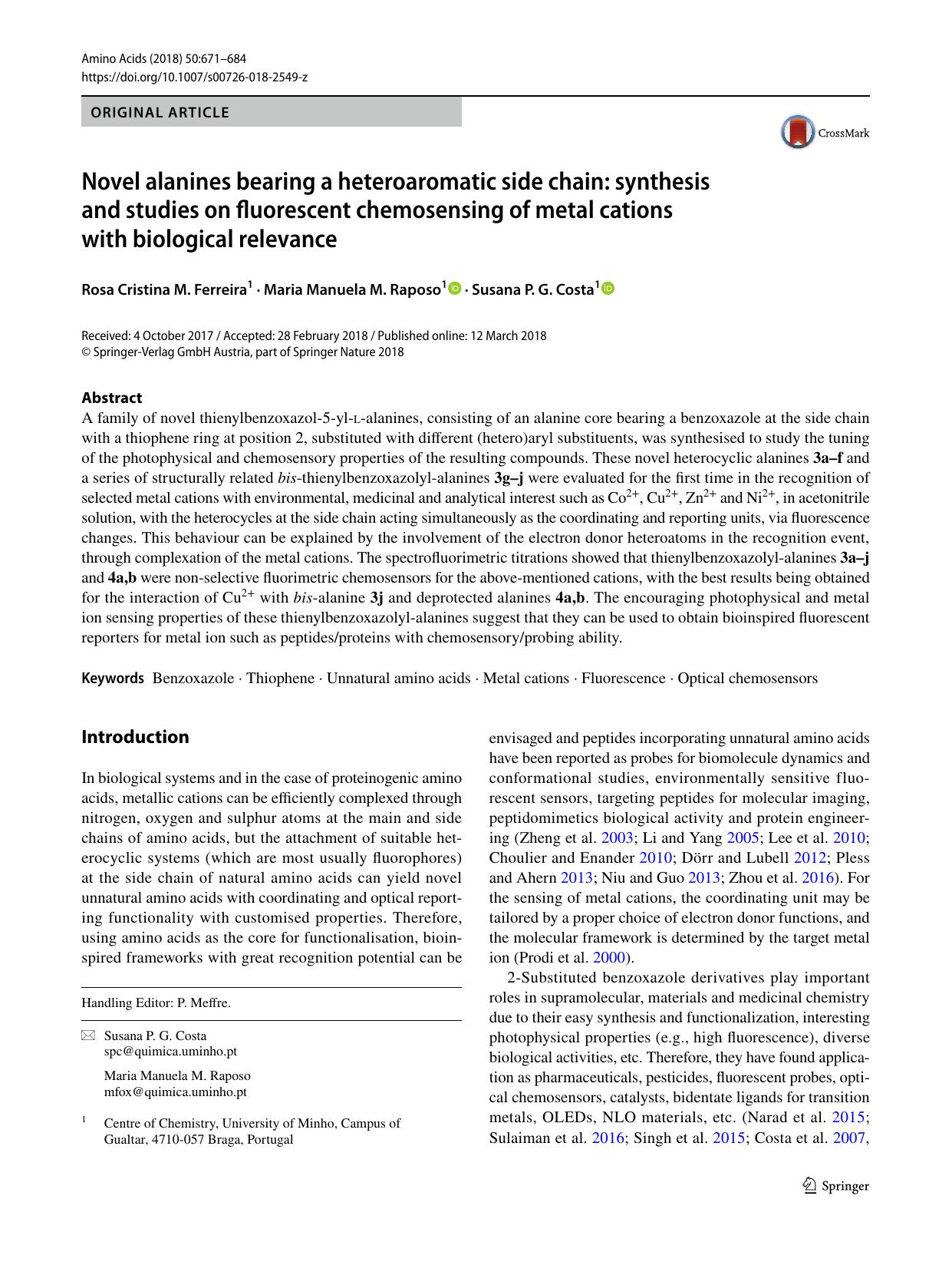 Novel alanines bearing a heteroaromatic side chain: synthesis and studies on fluorescent chemosensing of metal cations with biological relevance by Rosa Cristina M. Ferreira & Maria Manuela M. Raposo & Susana P. G. Costa