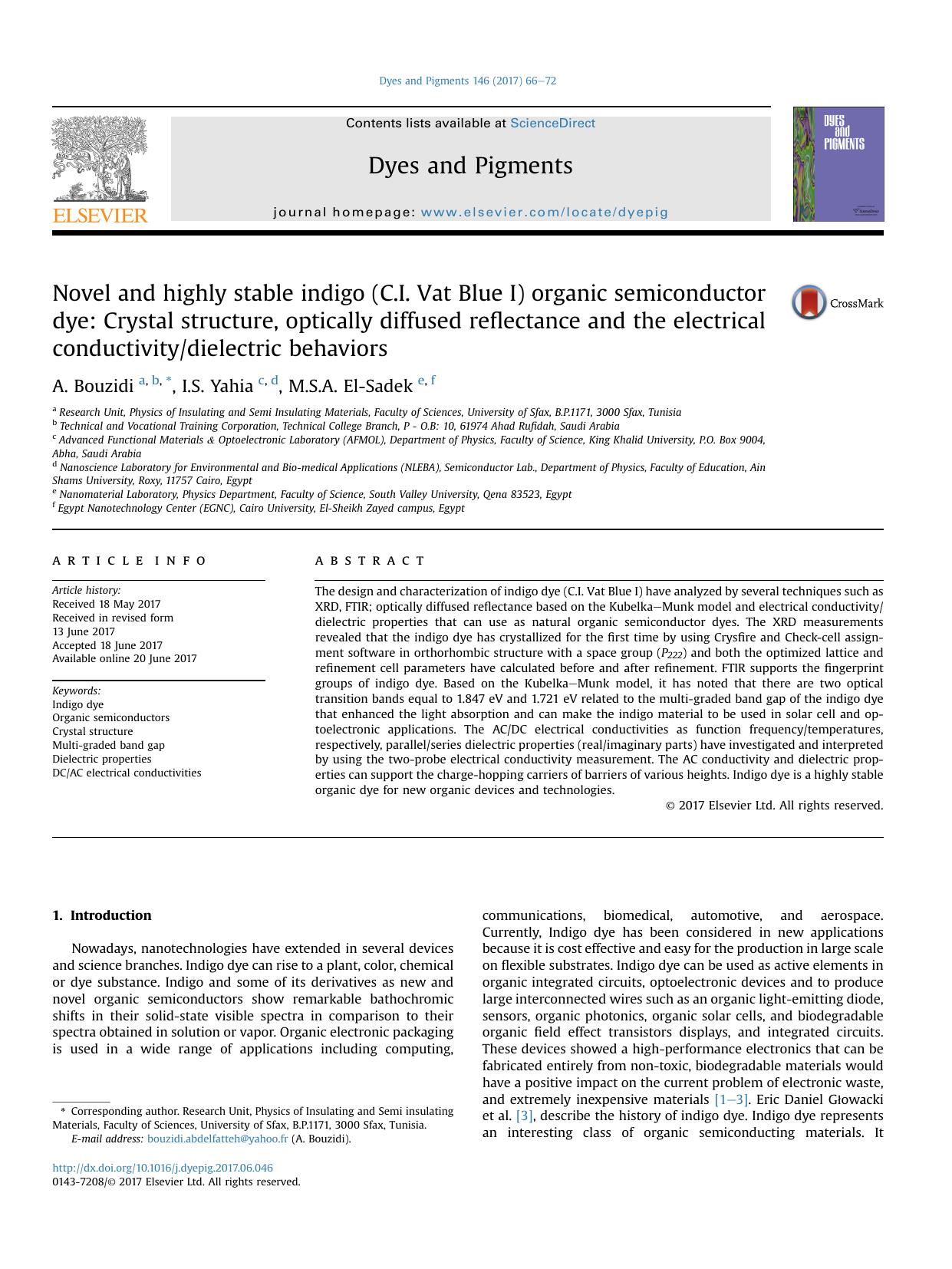 Novel and highly stable indigo (C.I. Vat Blue I) organic semiconductor dye: Crystal structure, optically diffused reflectance and the electrical conductivitydielectric behaviors by A. Bouzidi & I.S. Yahia & M.S.A. El-Sadek