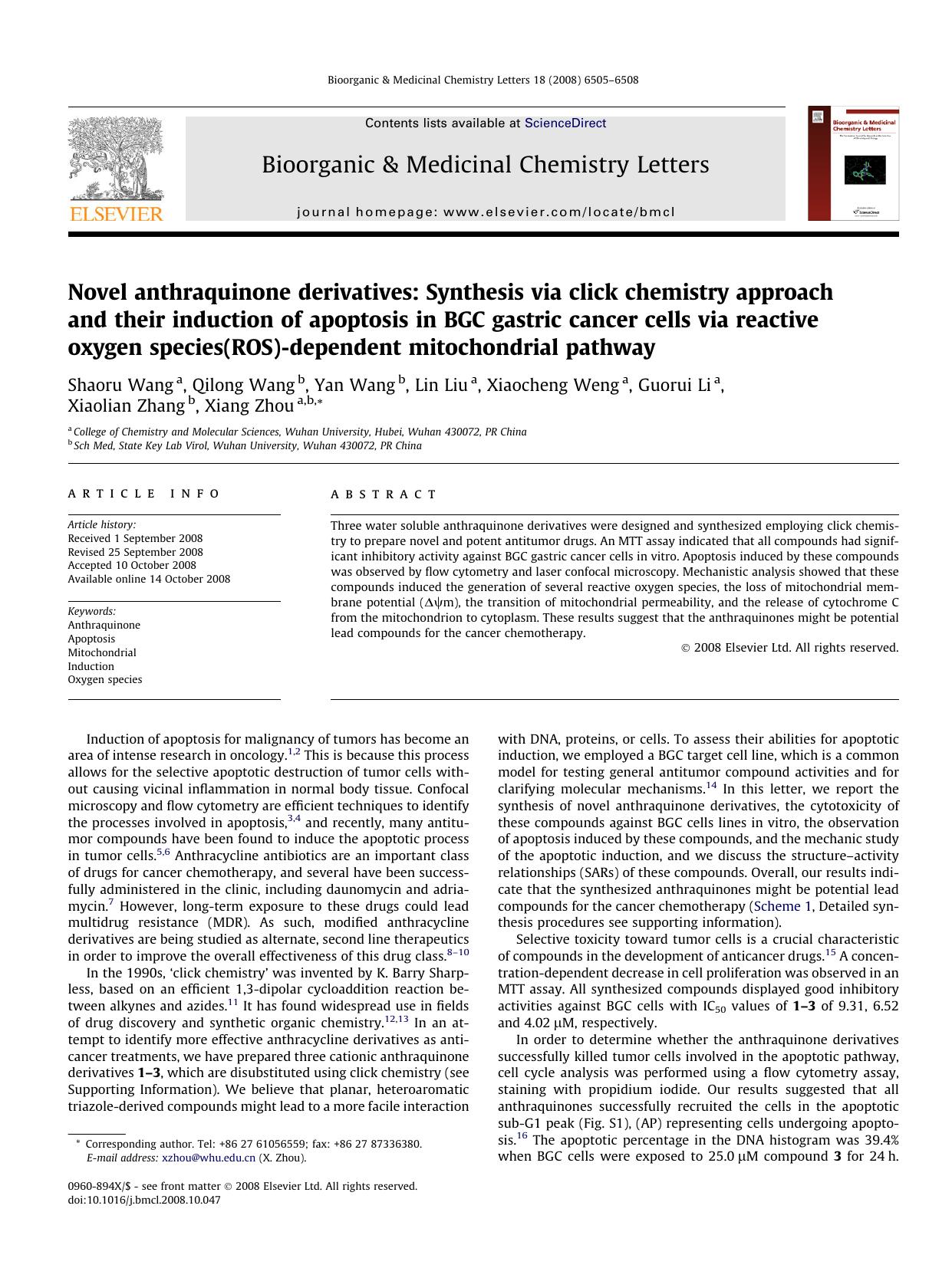 Novel anthraquinone derivatives: Synthesis via click chemistry approach and their induction of apoptosis in BGC gastric cancer cells via reactive oxygen species(ROS)-dependent mitochondrial pathway by Shaoru Wang; Qilong Wang; Yan Wang; Lin Liu; Xiaocheng Weng; Guorui Li; Xiaolian Zhang; Xiang Zhou