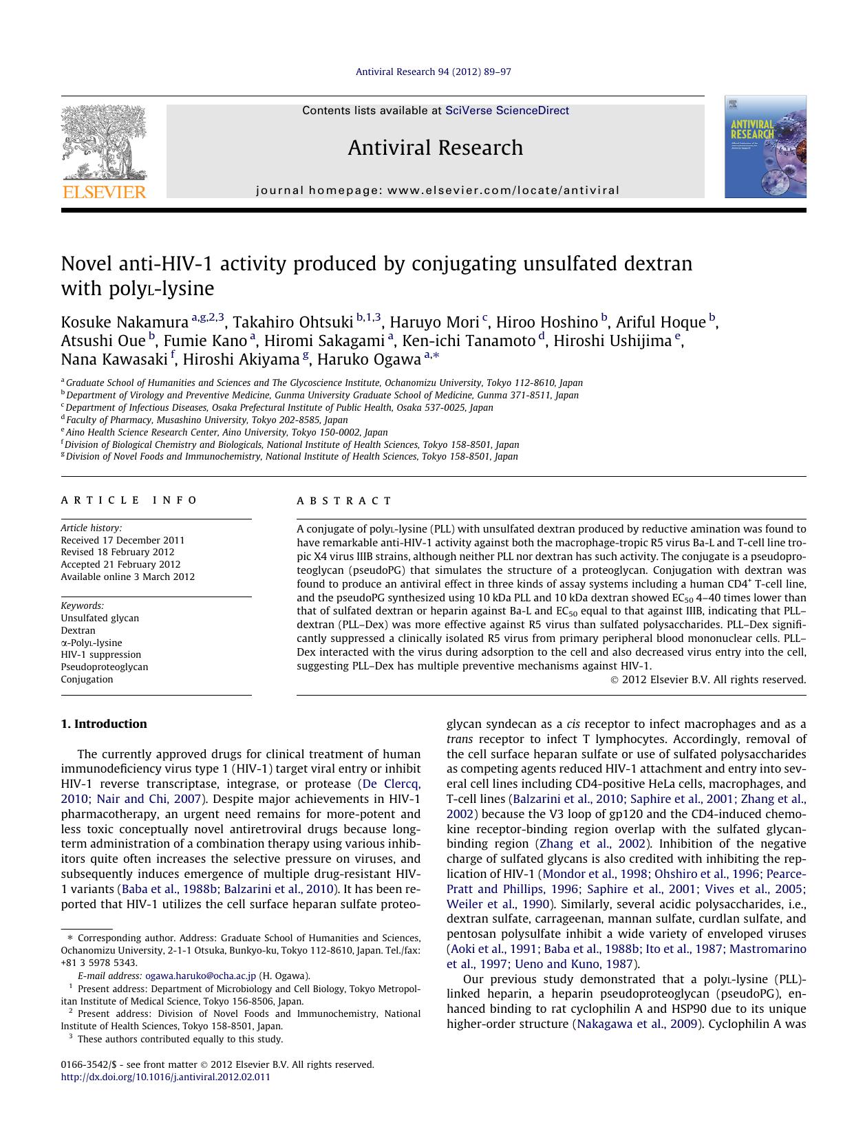 Novel anti-HIV-1 activity produced by conjugating unsulfated dextran with polyl-lysine by unknow