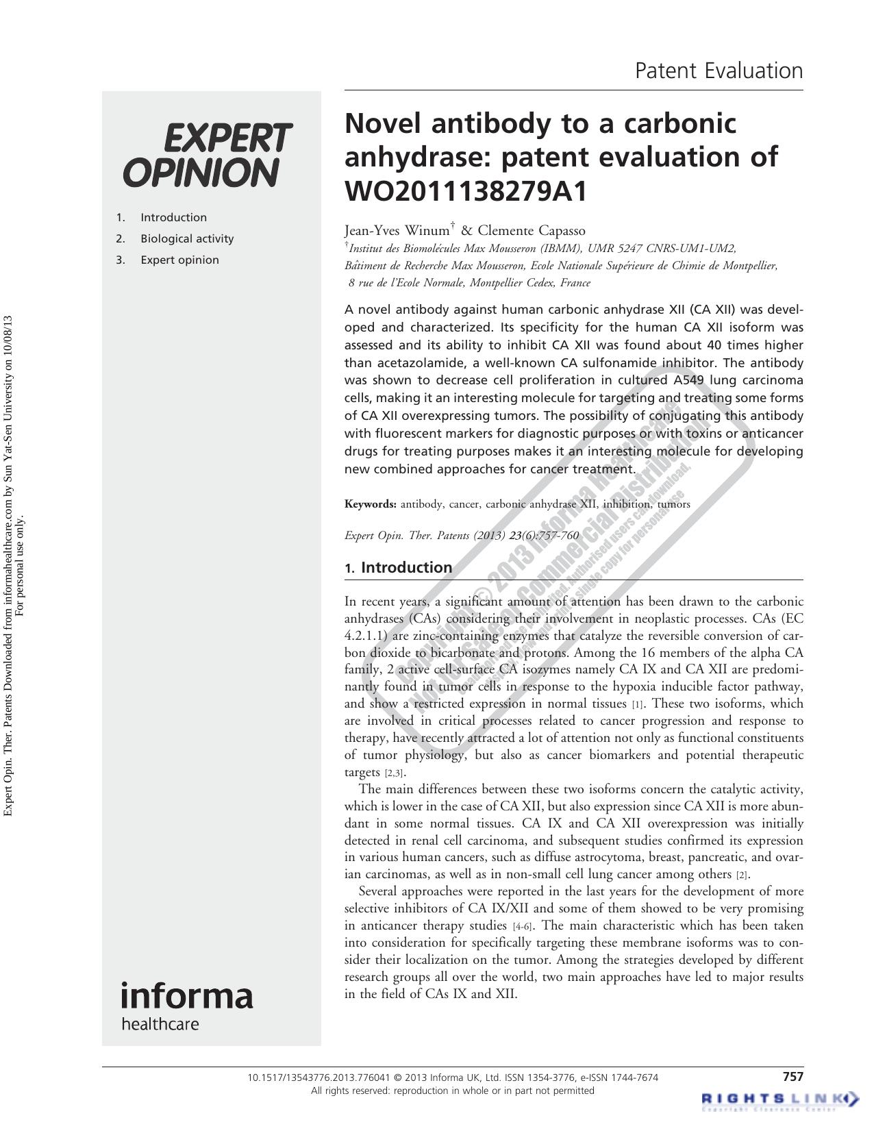 Novel antibody to a carbonic anhydrase: patent evaluation of WO2011138279A1 by Jean-Yves Winum Clemente Capasso