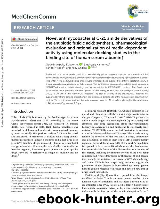 Novel antimycobacterial C-21 amide derivatives of the antibiotic fusidic acid: synthesis, pharmacological evaluation and rationalization of media-dependent activity using molecular by Godwin Akpeko Dziwornu & Stephanie Kamunya & Tando Ntsabo & Kelly Chibale