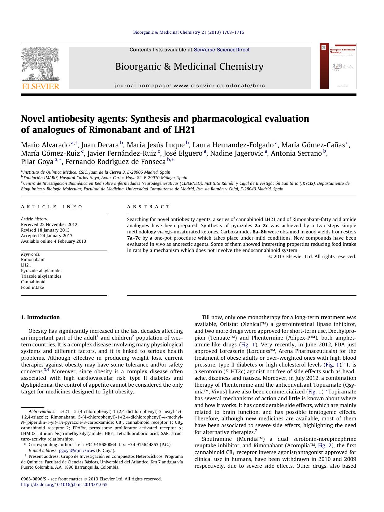 Novel antiobesity agents: Synthesis and pharmacological evaluation of analogues of Rimonabant and of LH21 by unknow
