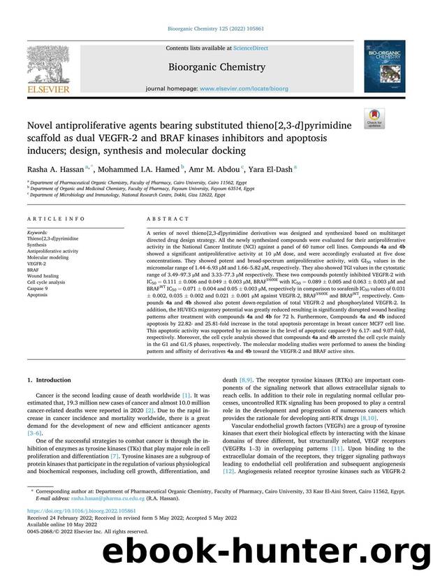 Novel antiproliferative agents bearing substituted thieno[2,3- d ]pyrimidine scaffold as dual VEGFR-2 and BRAF kinases inhibitors and apoptosis inducers; design, synthesis and molecular docking by Rasha A. Hassan & Mohammed I.A. Hamed & Amr M. Abdou & Yara El-Dash