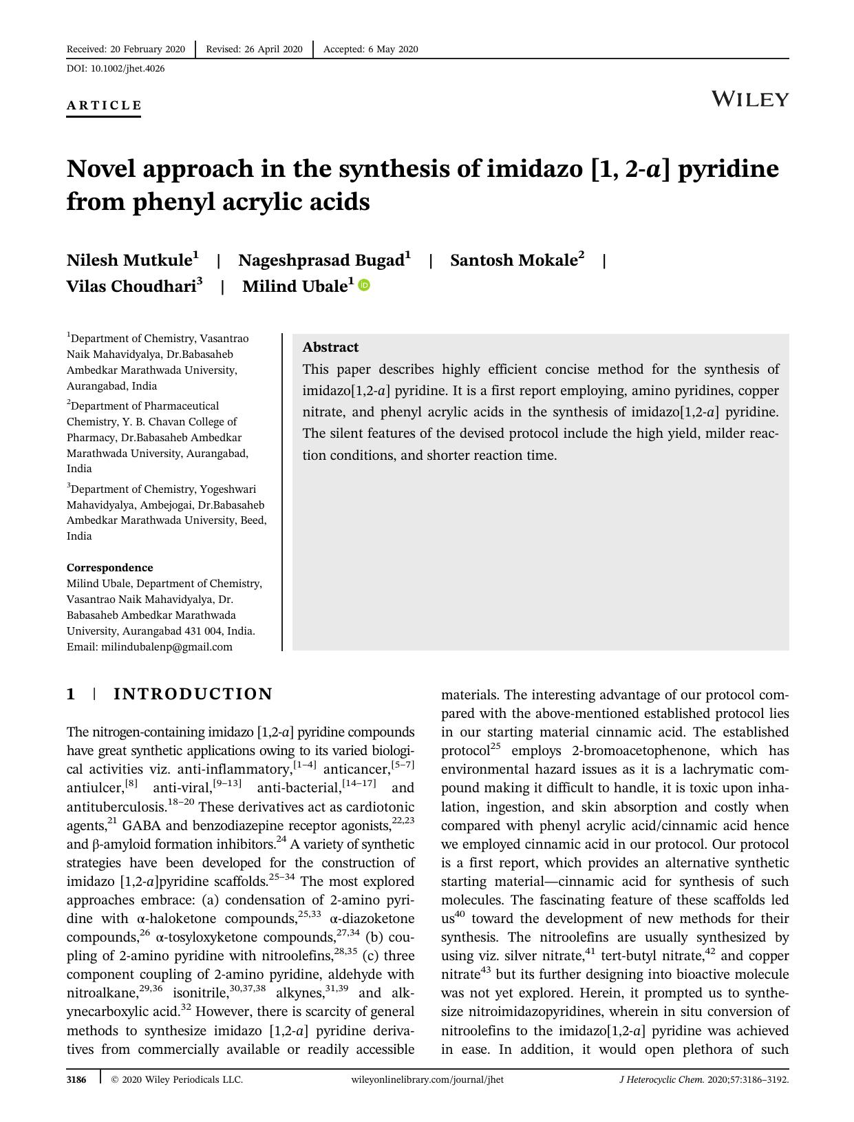 Novel approach in synthesis of Imidazo [1, 2-a] pyridine from Phenyl Acrylic acids by Unknown