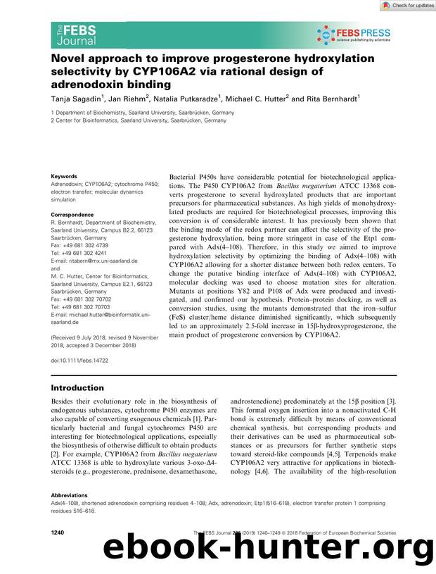 Novel approach to improve progesterone hydroxylation selectivity by CYP106A2 via rational design of adrenodoxin binding by Unknown