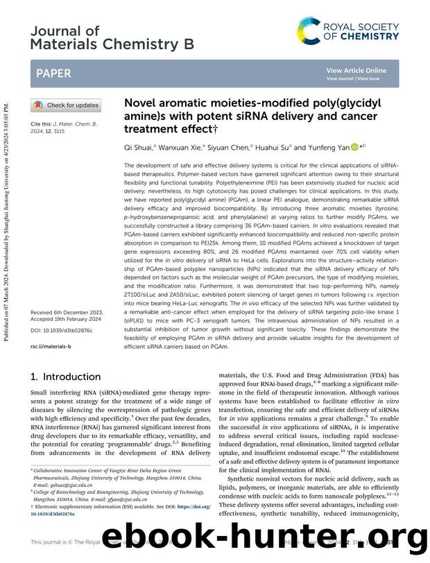 Novel aromatic moieties-modified poly(glycidyl amine)s with potent siRNA delivery and cancer treatment effect by Qi Shuai & Wanxuan Xie & Siyuan Chen & Huahui Su & Yunfeng Yan