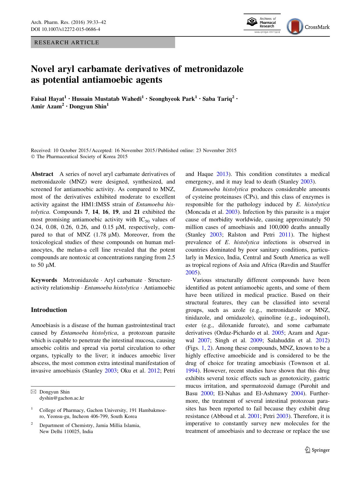 Novel aryl carbamate derivatives of metronidazole as potential antiamoebic agents by Faisal Hayat & Hussain Mustatab Wahedi & Seonghyeok Park & Saba Tariq & Amir Azam & Dongyun Shin