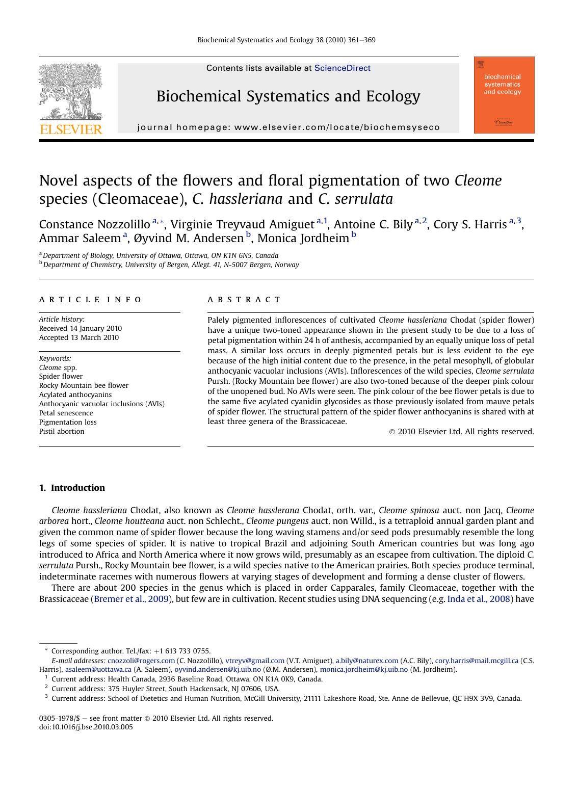 Novel aspects of the flowers and floral pigmentation of two Cleome species (Cleomaceae), C. hassleriana and C. serrulata by unknow