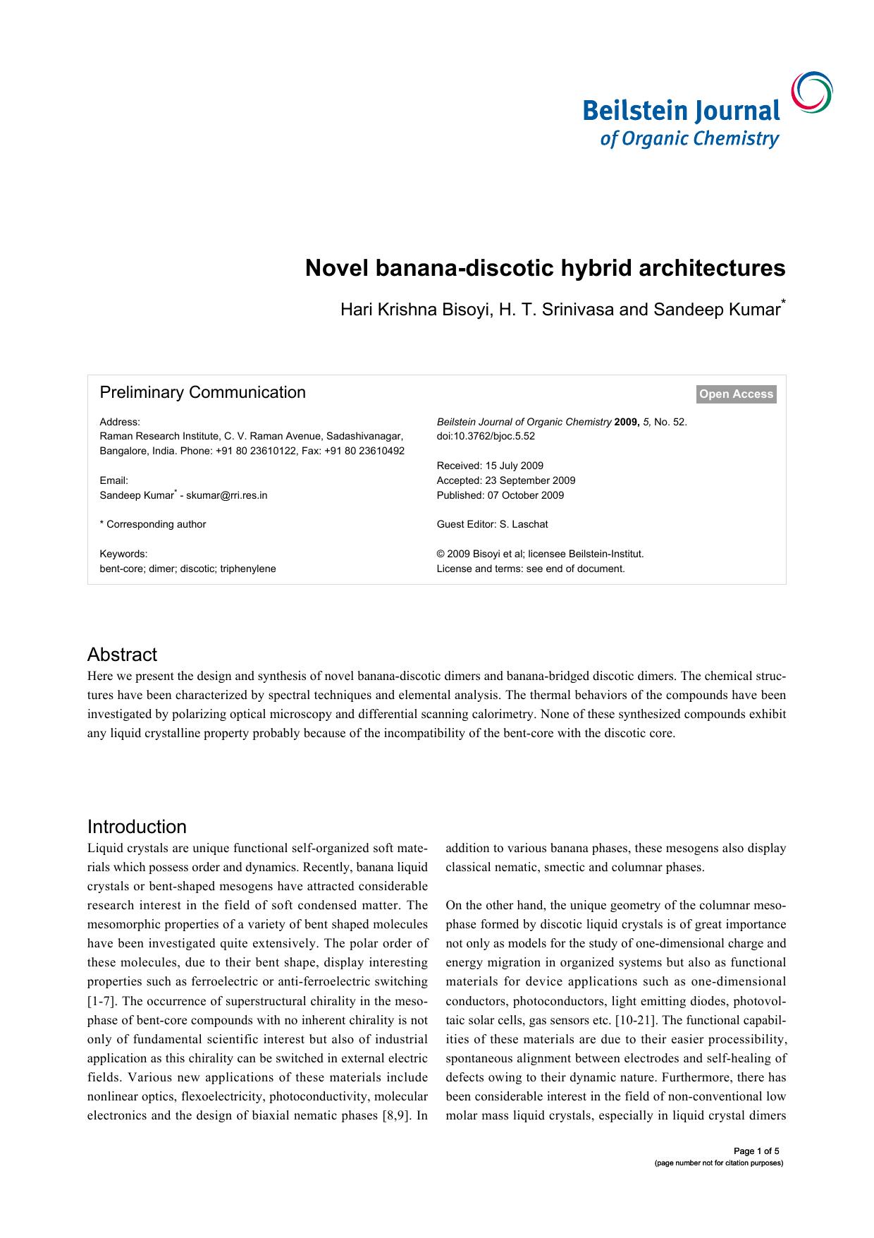 Novel banana-discotic hybrid architectures by Bisoyi H T Srinivasa Sandeep Kumar