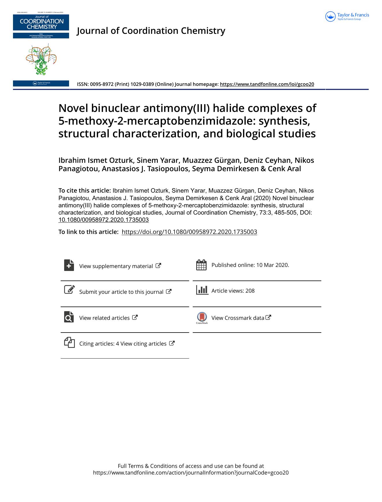 Novel binuclear antimony(III) halide complexes of 5-methoxy-2-mercaptobenzimidazole: synthesis, structural characterization, and biological studies by unknow