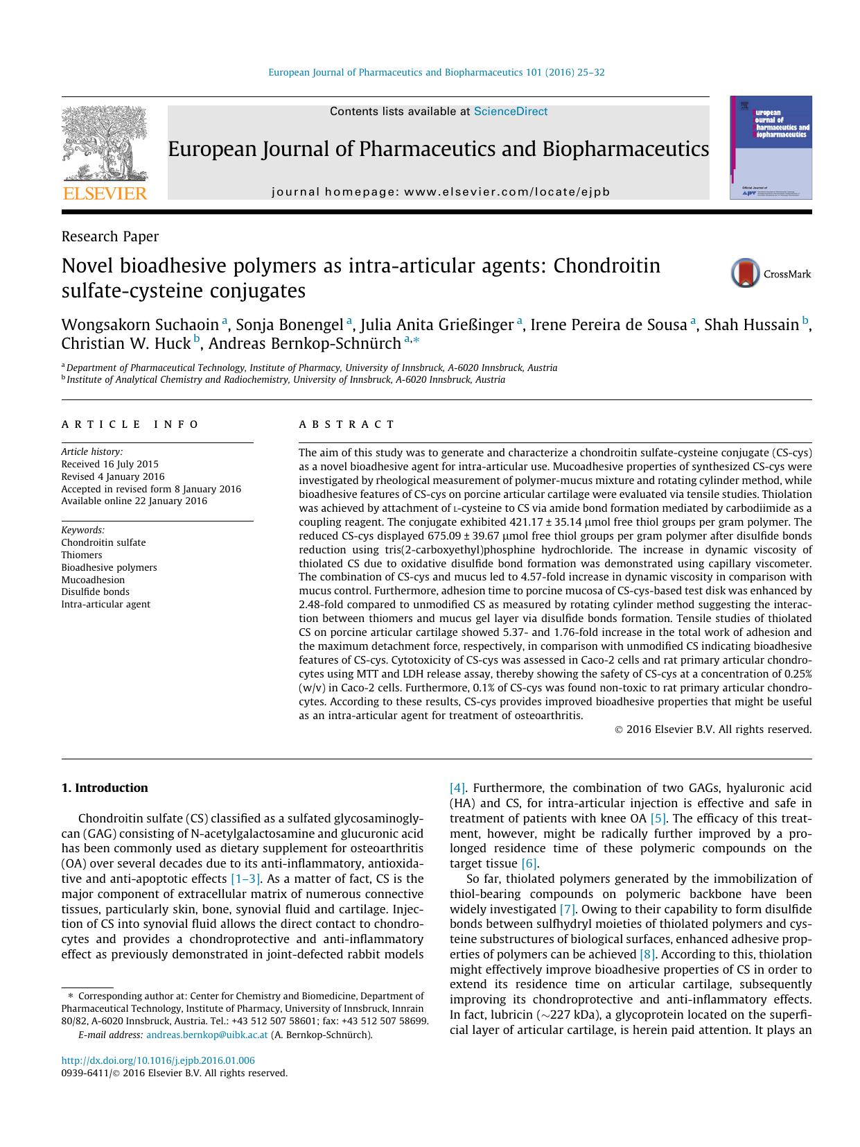 Novel bioadhesive polymers as intra-articular agents: Chondroitin sulfate-cysteine conjugates by unknow