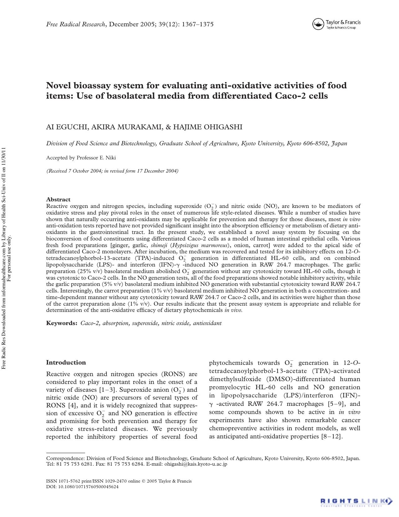Novel bioassay system for evaluating anti-oxidative activities of food items: Use of basolateral media from differentiated Caco-2 cells by Ai Eguchi1 Akira Murakami1 & Hajime Ohigashi1†