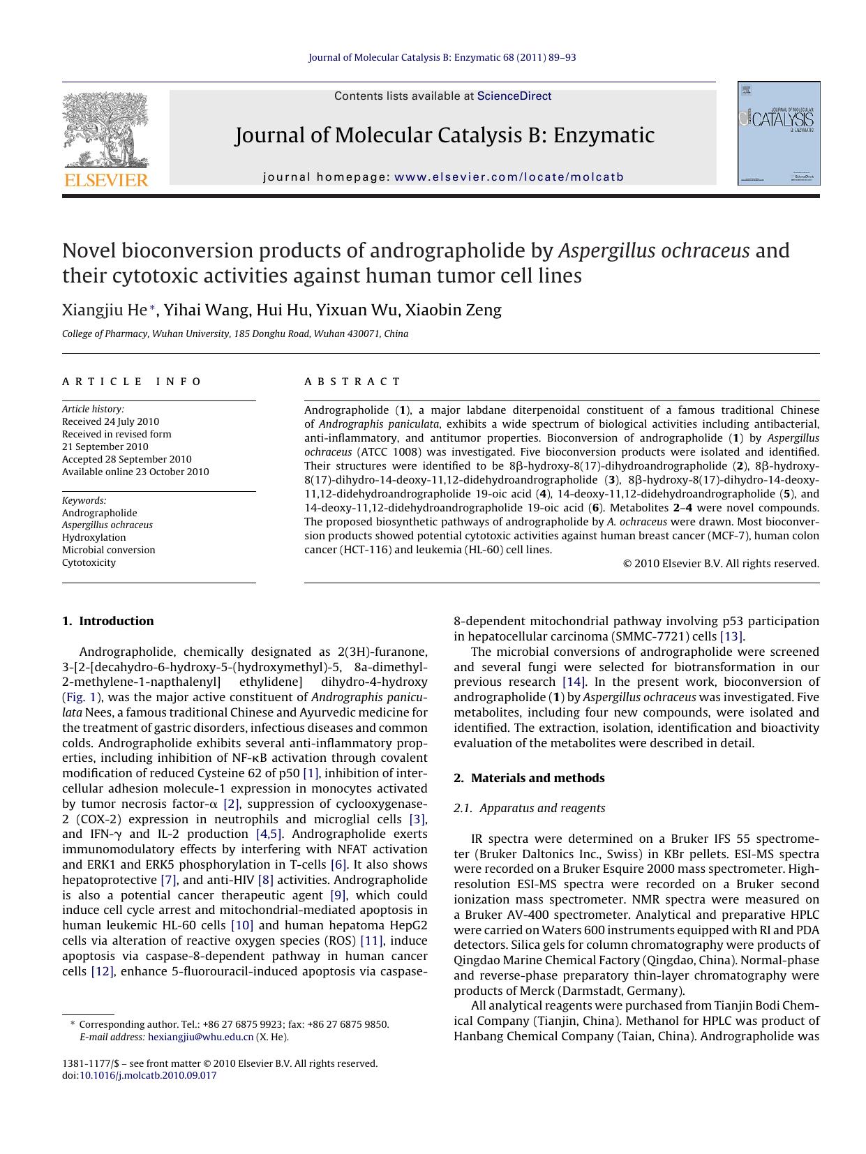 Novel bioconversion products of andrographolide by Aspergillus ochraceus and their cytotoxic activities against human tumor cell lines by Xiangjiu He