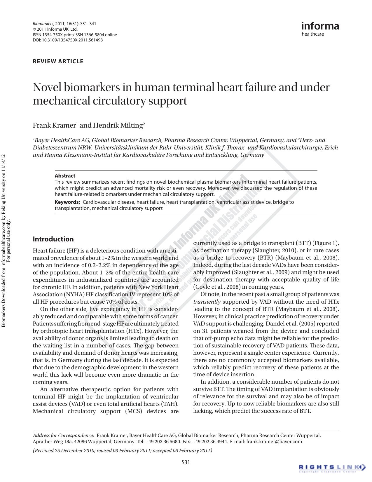 Novel biomarkers in human terminal heart failure and under mechanical circulatory support by Frank Kramer & Hendrik Milting