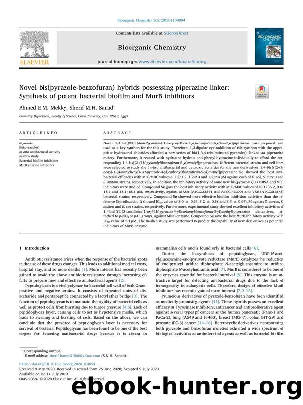 Novel bis(pyrazole-benzofuran) hybrids possessing piperazine linker_ Synthesis of potent bacterial biofilm and MurB inhibitors by Ahmed E.M. Mekky & Sherif M.H. Sanad