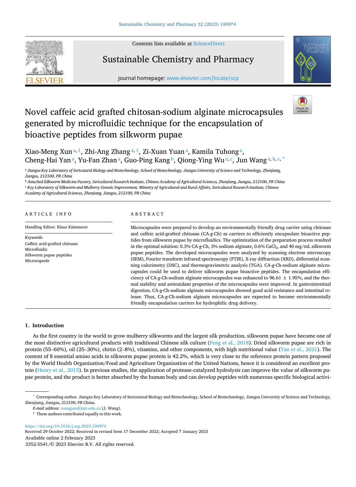 Novel caffeic acid grafted chitosan-sodium alginate microcapsules generated by microfluidic technique for the encapsulation of bioactive peptides from silkworm pupae by unknow