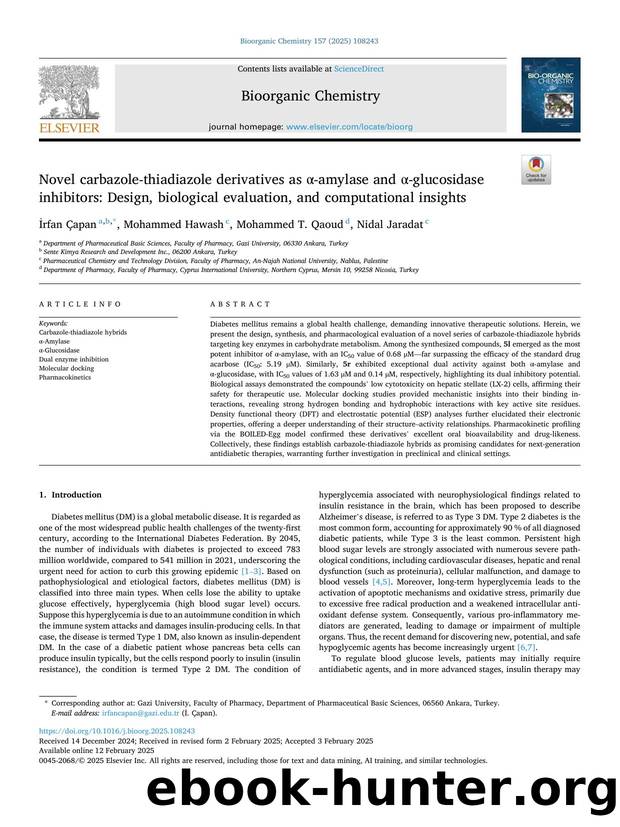 Novel carbazole-thiadiazole derivatives as Î±-amylase and Î±-glucosidase inhibitors: Design, biological evaluation, and computational insights by İrfan Çapan & Mohammed Hawash & Mohammed T. Qaoud & Nidal Jaradat