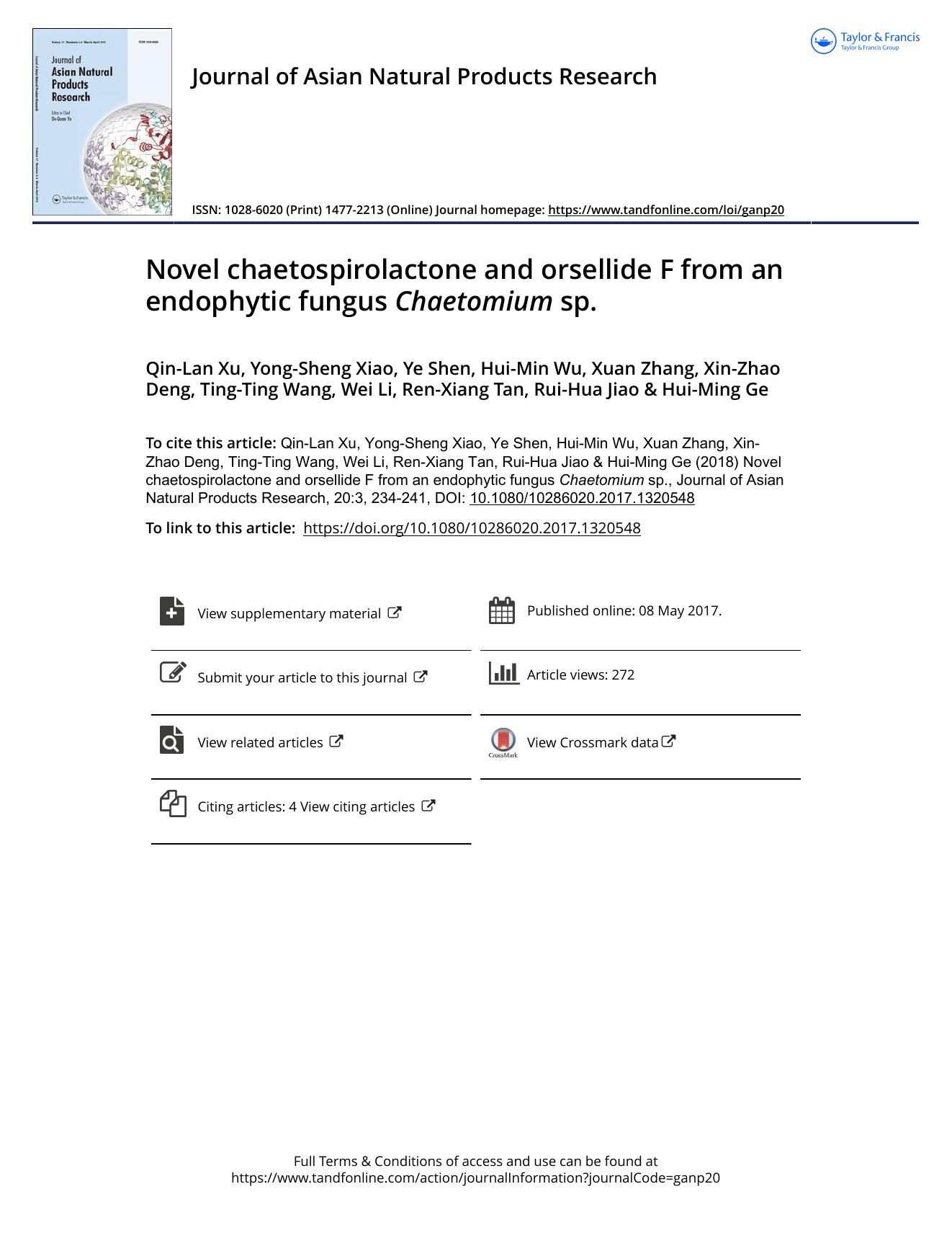 Novel chaetospirolactone and orsellide F from an endophytic fungus Chaetomium sp. by unknow