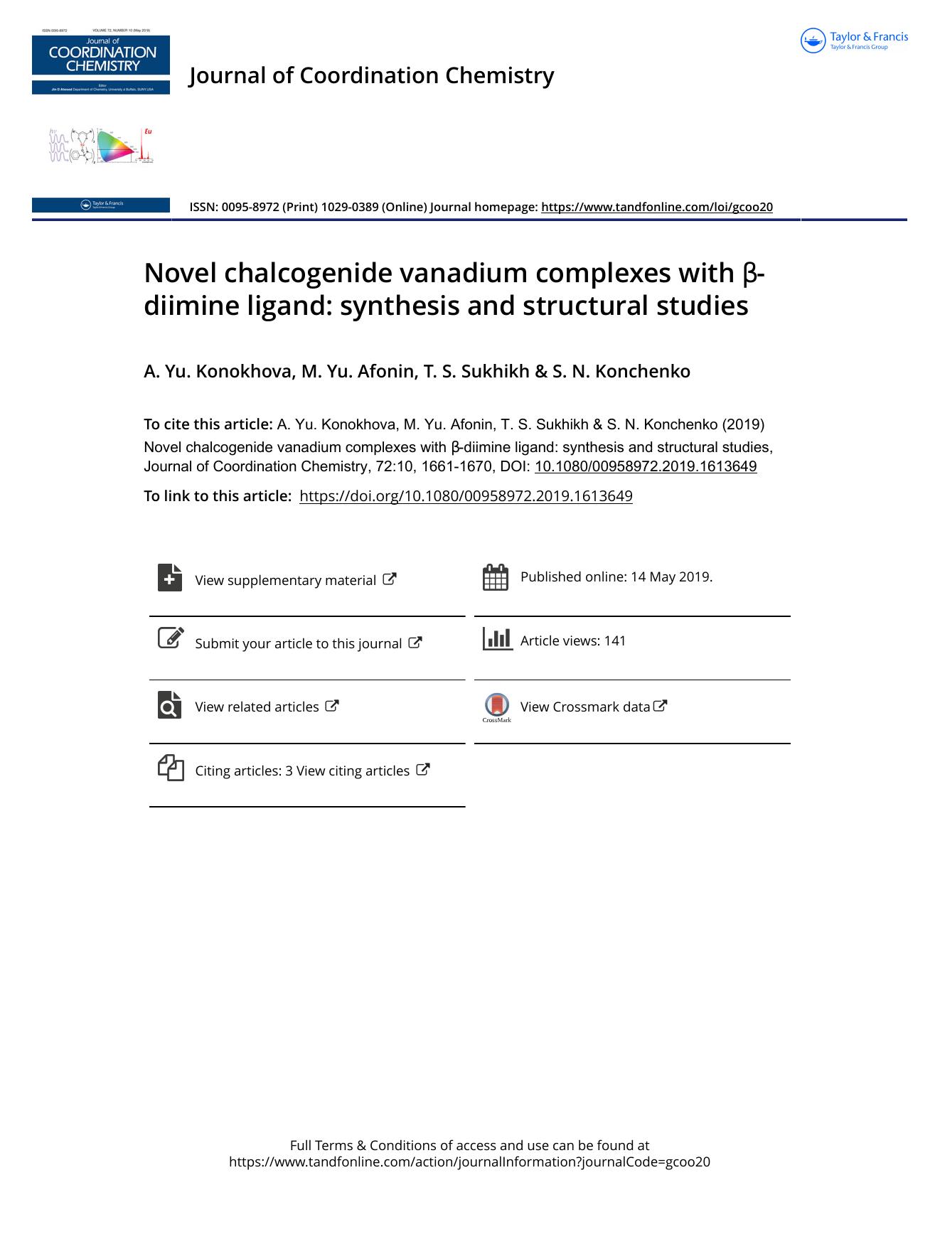 Novel chalcogenide vanadium complexes with Î²-diimine ligand: synthesis and structural studies by Konokhova A. Yu. & Afonin M. Yu. & Sukhikh T. S. & Konchenko S. N