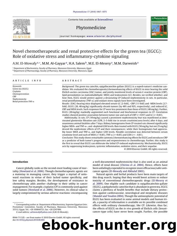 Novel chemotherapeutic and renal protective effects for the green tea (EGCG): Role of oxidative stress and inflammatory-cytokine signaling by A.M. El-Mowafy