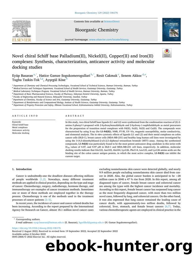 Novel chiral Schiff base Palladium(II), Nickel(II), Copper(II) and Iron(II) complexes: Synthesis, characterization, anticancer activity and molecular docking studies by unknow