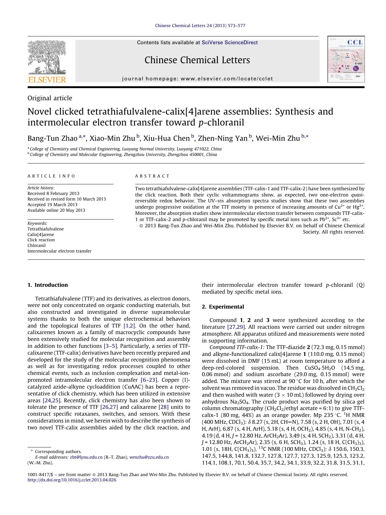 Novel clicked tetrathiafulvalene-calix[4]arene assemblies: Synthesis and intermolecular electron transfer toward p-chloranil by Bang-Tun Zhao