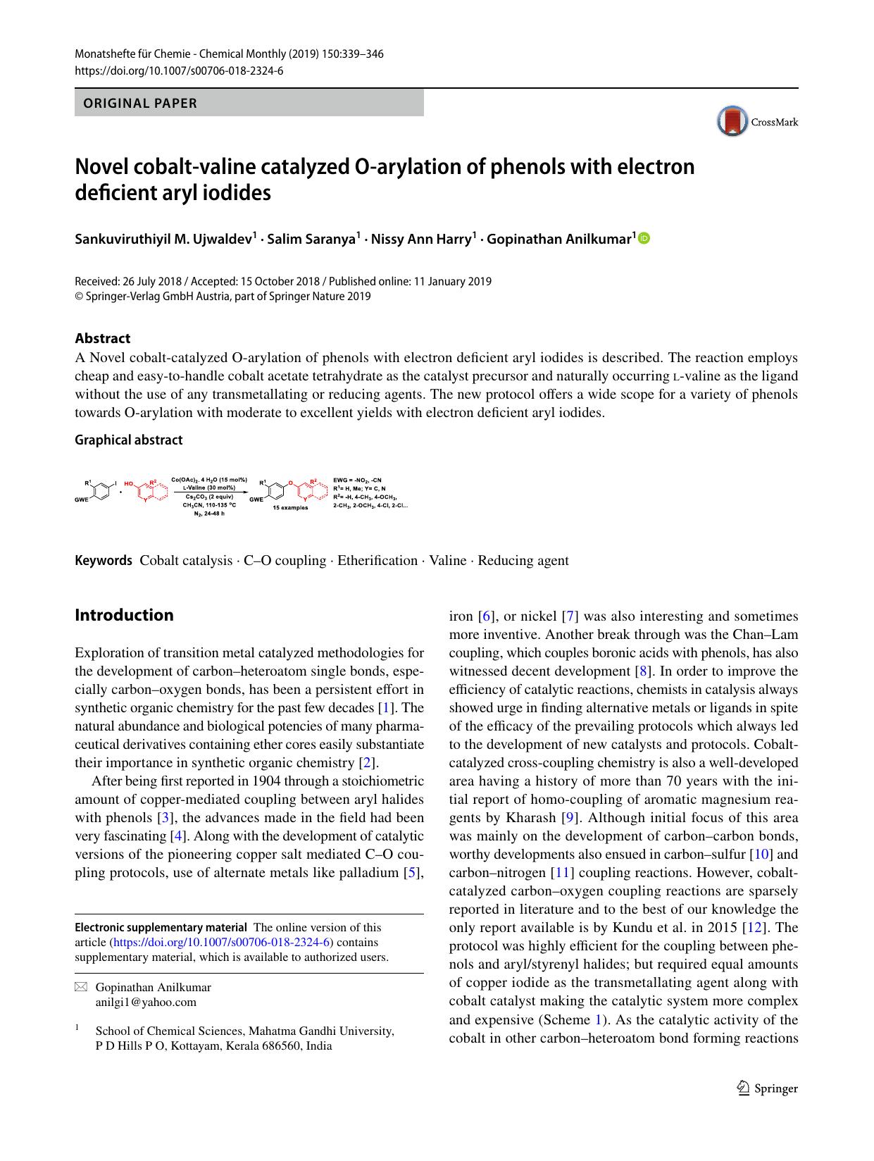 Novel cobalt-valine catalyzed O-arylation of phenols with electron deficient aryl iodides by Sankuviruthiyil M. Ujwaldev & Salim Saranya & Nissy Ann Harry & Gopinathan Anilkumar