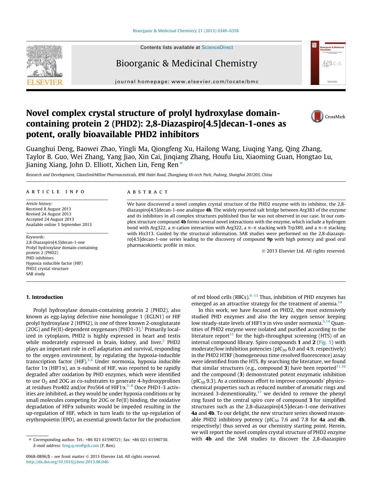 Novel complex crystal structure of prolyl hydroxylase domain-containing protein 2 (PHD2): 2,8-Diazaspiro[4.5]decan-1-ones as potent, orally bioavailable PHD2 inhibitors by unknow