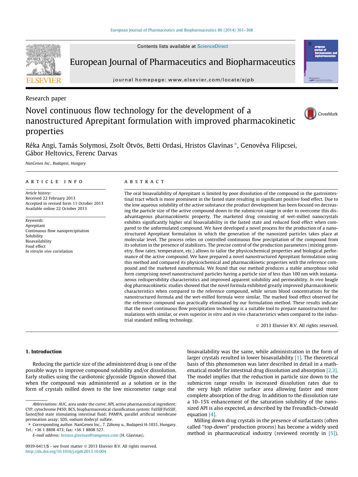 Novel continuous flow technology for the development of a nanostructured Aprepitant formulation with improved pharmacokinetic properties by unknow