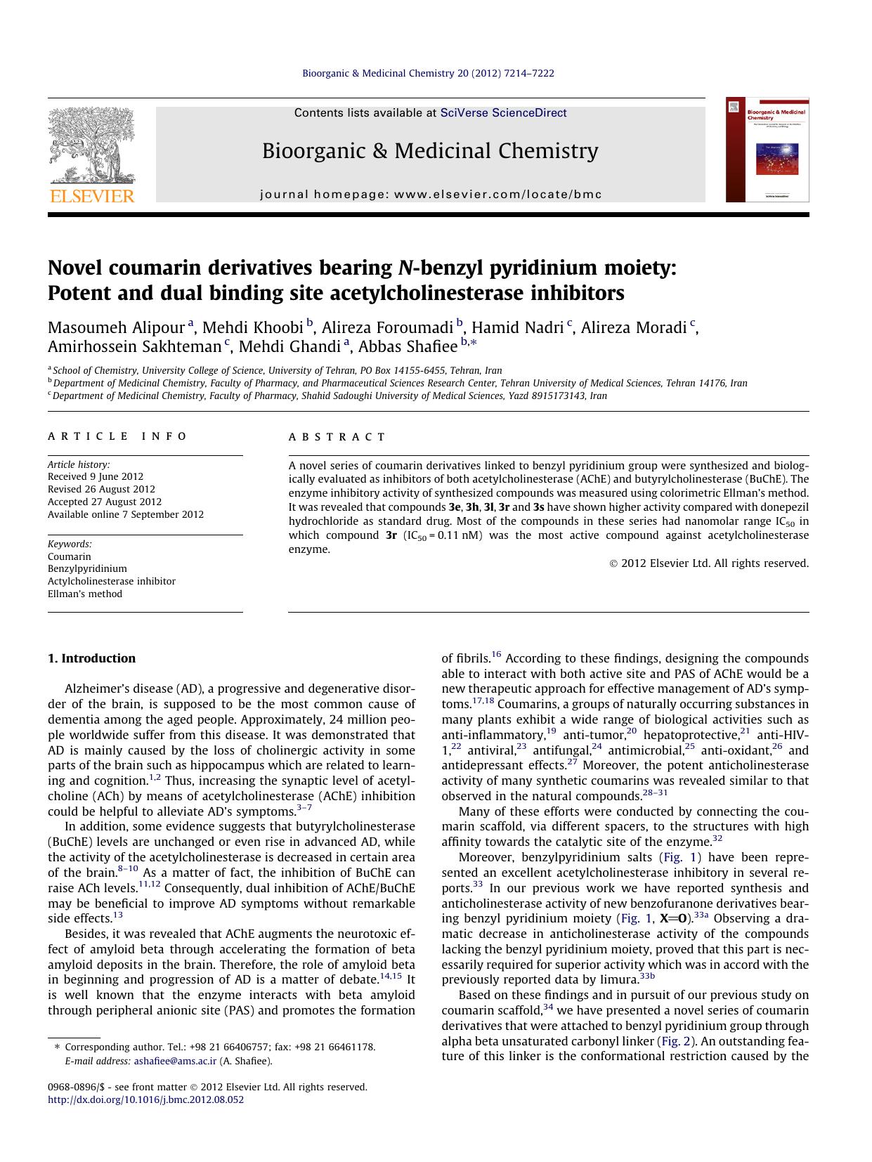 Novel coumarin derivatives bearing N-benzyl pyridinium moiety: Potent and dual binding site acetylcholinesterase inhibitors by unknow