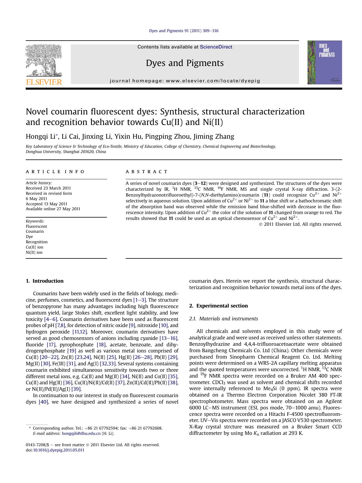 Novel coumarin fluorescent dyes: Synthesis, structural characterization and recognition behavior towards Cu(II) and Ni(II) by Hongqi Li & Li Cai & Jinxing Li & Yixin Hu & Pingping Zhou & Jiming Zhang