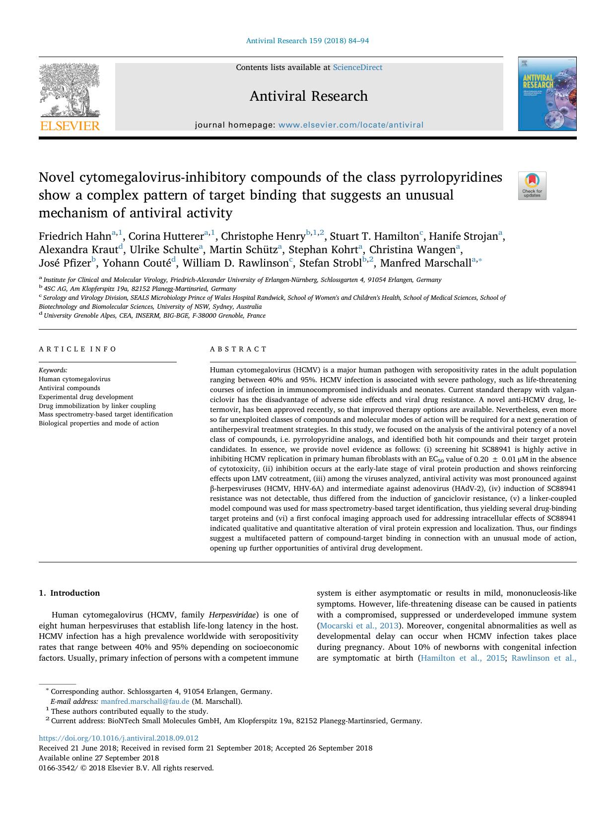 Novel cytomegalovirus-inhibitory compounds of the class pyrrolopyridines show a complex pattern of target binding that suggests an unusual mechanism of antiviral activity by unknow
