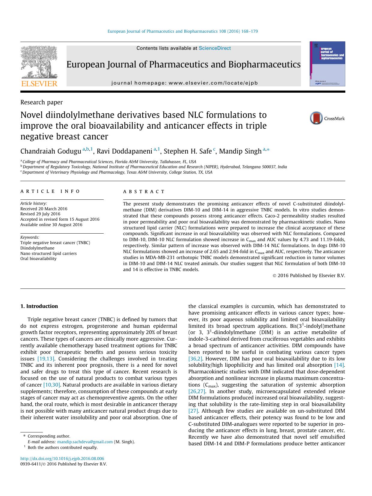 Novel diindolylmethane derivatives based NLC formulations to improve the oral bioavailability and anticancer effects in triple negative breast cancer by Chandraiah Godugu & Ravi Doddapaneni & Stephen H. Safe & Mandip Singh