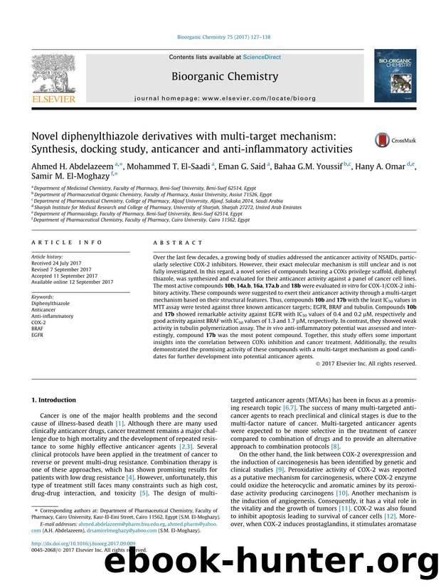 Novel diphenylthiazole derivatives with multi-target mechanism: Synthesis, docking study, anticancer and anti-inflammatory activities by unknow