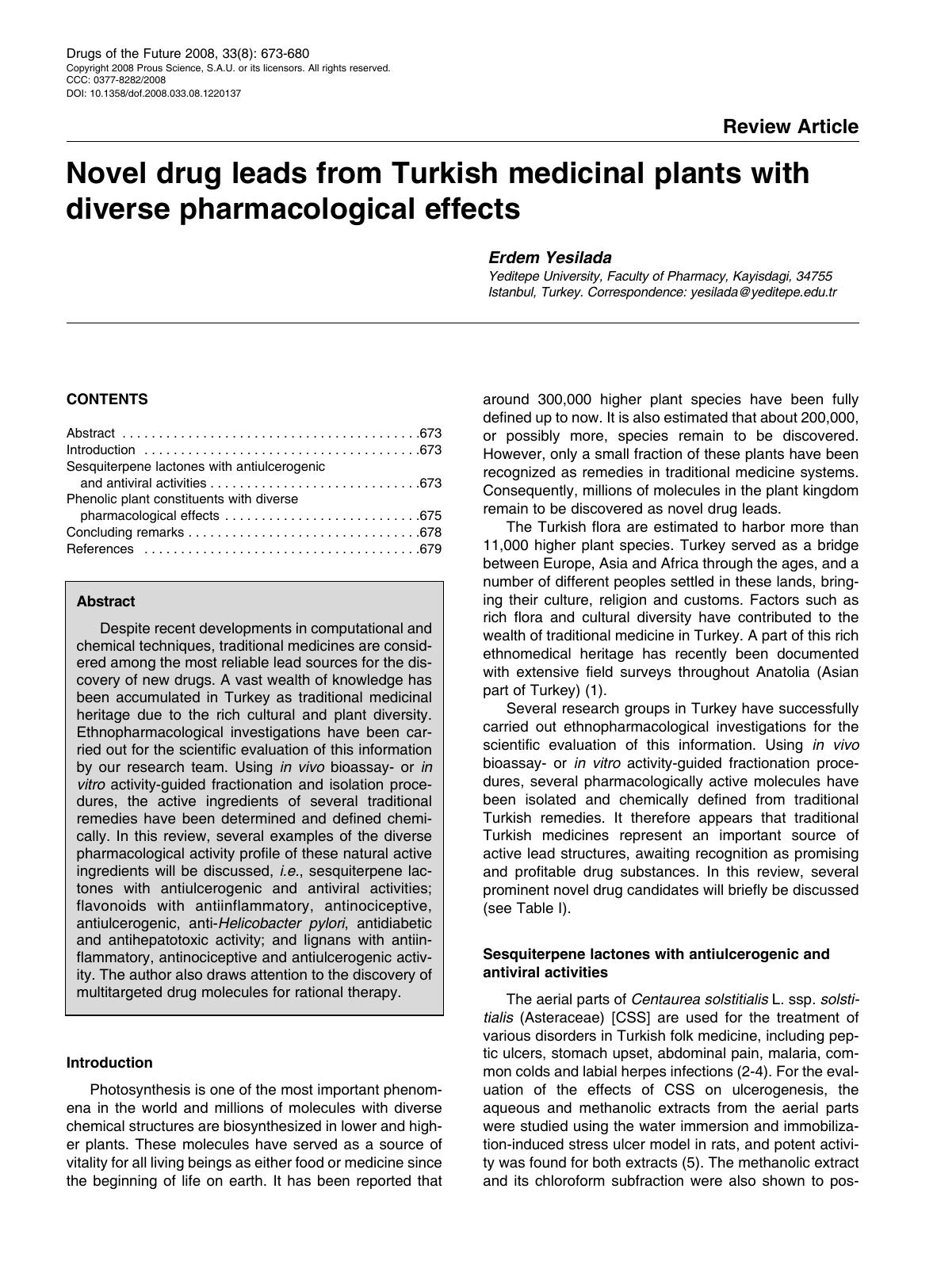 Novel drug leads from Turkish medicinal plants with diverse pharmacological effects by Copyright 2008 Prous Science S.A.U. or its licensors