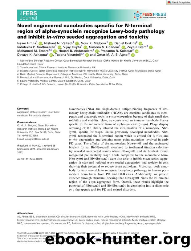Novel engineered nanobodies specific for Nâterminal region of alphaâsynuclein recognize Lewyâbody pathology and inhibit inâvitro seeded aggregation and toxicity by Unknown